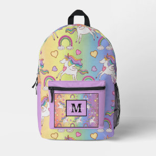Moderner süßer Einhorn- und Regenbogen-Monogramm-N Bedruckter Rucksack