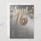 Moderner SWEET 16 FOTO Einladung Silver Gold Glitz (Vorderseite)
