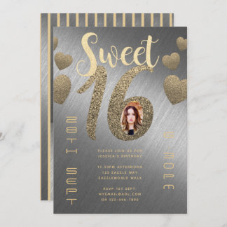 Moderner SWEET 16 FOTO Einladung Silver Gold Glitz