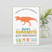 Moderner T-Rex Dinosaurier Orange Green Einladung (Stehend Vorderseite)