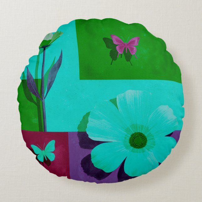 Moderner Teal-Blumengarten-Rundpouf Rundes Kissen (Vorderseite)