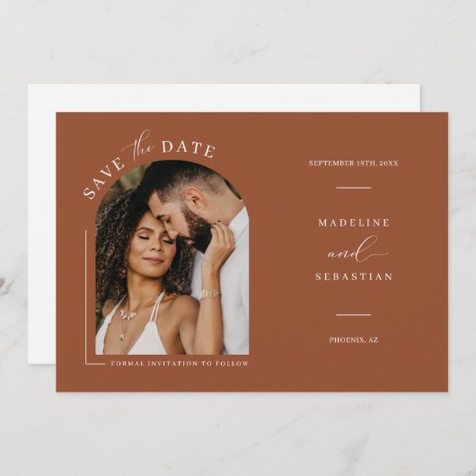 Moderner Terracotta Arch Foto QR Code Save the Dat Einladung (Vorne/Hinten)