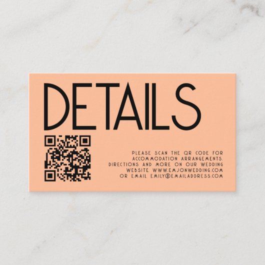 Moderner Text QR Code für Hochzeitsdetails Begleitkarte (Vorderseite)