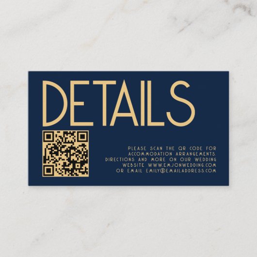 Moderner Text QR Code Gold Navy Blue Wedding Detai Begleitkarte (Vorderseite)
