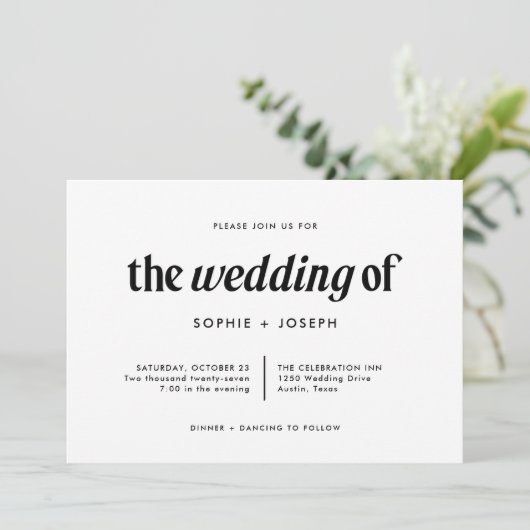 Moderner Text | Schwarzweiß-Hochzeit mit QR-Code Einladung (Stehend Vorderseite)