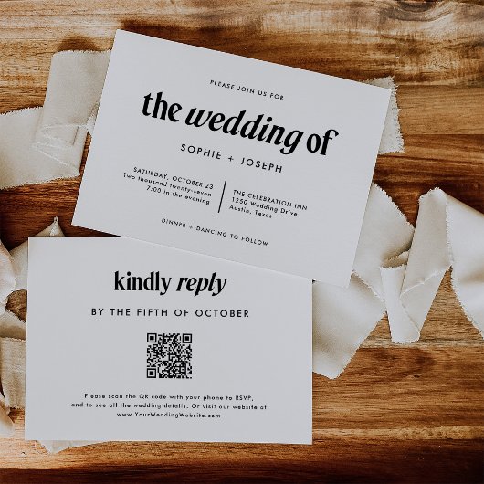 Moderner Text | Schwarzweiß-Hochzeit mit QR-Code Einladung