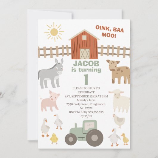 Moderner Traktor Oink Baa Moo 1. Bauernhof Geburts Einladung (Vorderseite)