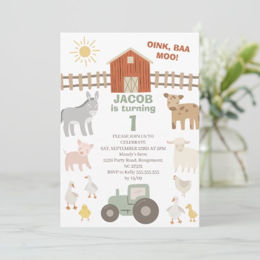Moderner Traktor Oink Baa Moo 1. Bauernhof Geburts Einladung (Stehend Vorderseite)