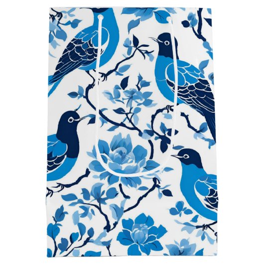 Moderner Trendbrand Blau Weiße Chinoiserie Blume V Mittlere Geschenktüte (Rückseite)