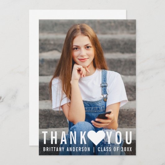 Moderner trendy Abschluss Danke Herzkarte Ankündigung (Vorne/Hinten)