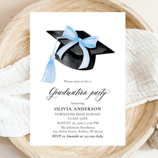 Moderner Trendy Blue Bow Graduation Cap Abschluss Einladung