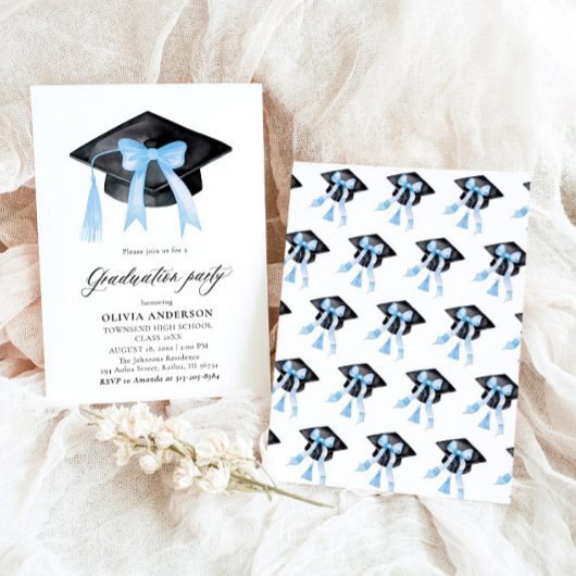 Moderner Trendy Blue Bow Graduation Cap Abschluss Einladung