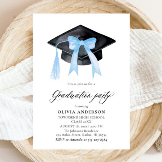 Moderner Trendy Blue Bow Graduation Cap Abschluss Einladung