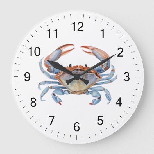 Moderner trendy Blue Watercolor Crab Summer Beach Große Wanduhr (Vorderseite)