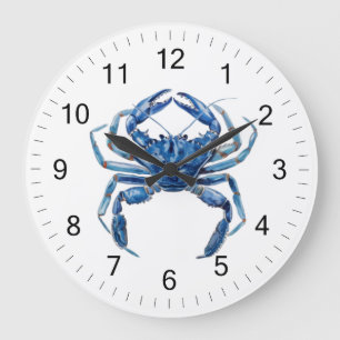 Moderner trendy Blue Watercolor Crab Summer Beach Große Wanduhr