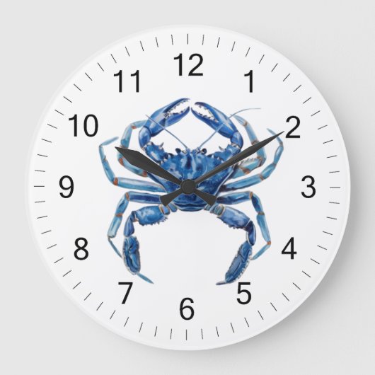 Moderner trendy Blue Watercolor Crab Summer Beach Große Wanduhr (Vorderseite)