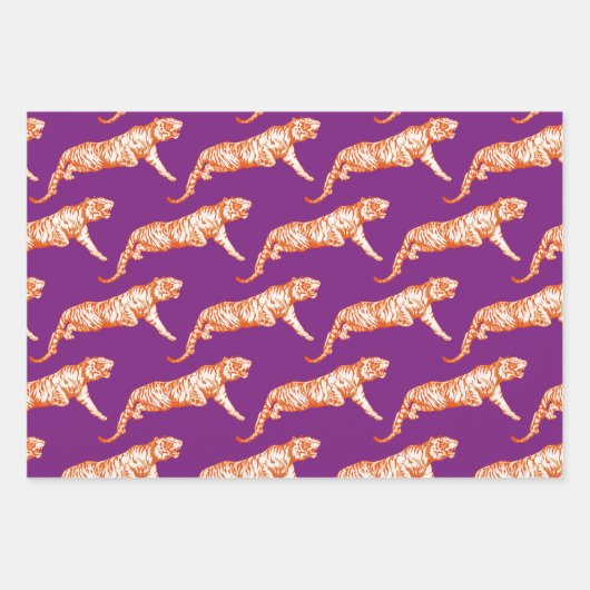 Moderner Trendy Bright Orange Tiger auf Lila Geschenkpapier Set (Vorderseite 2)