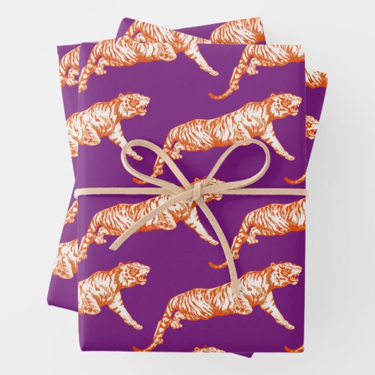 Moderner Trendy Bright Orange Tiger auf Lila Geschenkpapier Set (Beispiel)