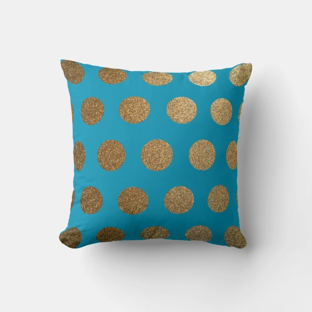 Moderner Trendy-Chic Aquamarin Blue Gold Polka Dot Kissen (Vorderseite)