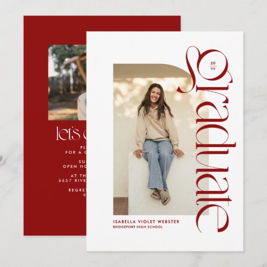 Moderner trendy graduate red Foto Abschluss Einladung (Vorne/Hinten)