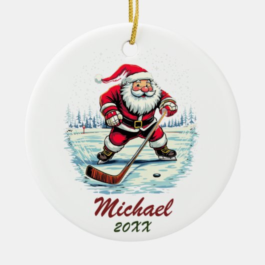 Moderner trendy Santa Playing Ice Hockey Individue Keramik Ornament (Vorne)