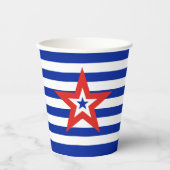 Moderner, tri-farbener Stern auf blau/weiß gestrei Pappbecher (Vorderseite)