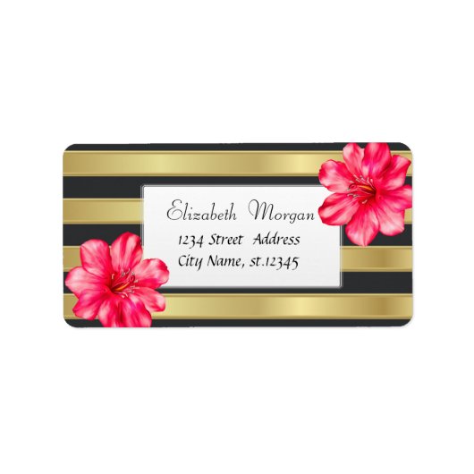 Moderner Tropischer, Hibiskus-Goldstreifen Adressaufkleber (Vorne)