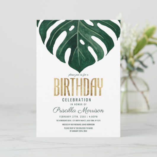 Moderner Tropischer Schweizer Käse Leaf Gold Gebur Einladung (Stehend Vorderseite)