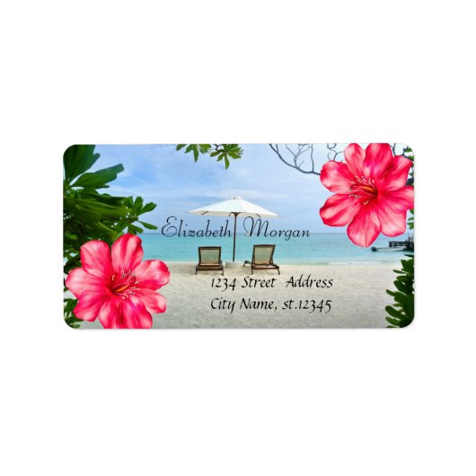 Moderner tropischer Strand, Stuhl, Hibiskus Adressaufkleber (Vorne)