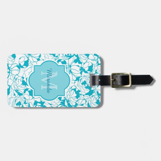 Moderner Türkis-Girly mit Blumenmonogramm mit Gepäckanhänger (Vorderseite horizontal)