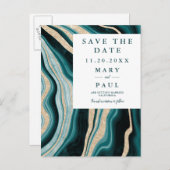 Moderner türkisfarbener Marmor Save the Date Ankündigungspostkarte (Vorne/Hinten)