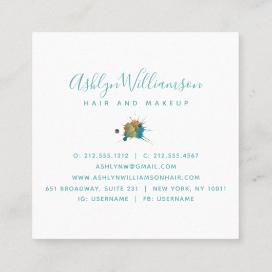 Moderner türkisfarbener Spritzer Quadratische Visitenkarte (Rückseite)