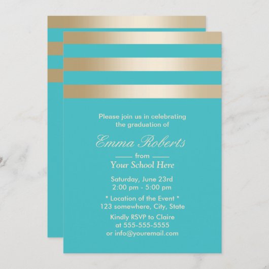 Moderner Turquoise Gold Streifen Abschluss Einladung (Vorne/Hinten)