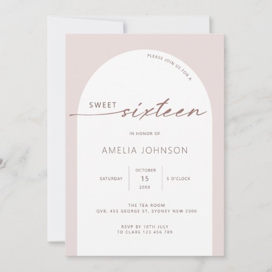 Moderner und minimalistischer Bogen 16 . Geburtsta Einladung (Vorderseite)