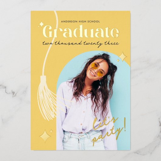 Moderner und Retro-Gelber Sparkon-Abschluss Folieneinladung (Vorderseite)