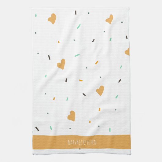 Moderner Valentinstag Sprinkle Hearts Mustard Geschirrtuch (Vertikal)