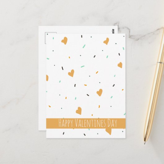Moderner Valentinstag Sprinkle Hearts Mustard Postkarte (Vorderseite/Rückseite Beispiel)