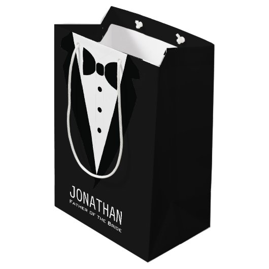 Moderner Vater der Braut Hochzeit Tuxedo Mittlere Geschenktüte (Rückseite Schrägansicht)