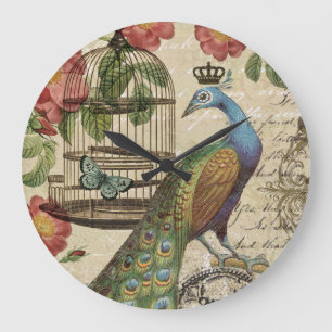 moderner vintage-französischer Pfau Große Wanduhr