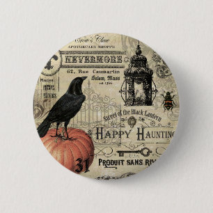moderner vintage Halloween-Kürbis und Krähe Button