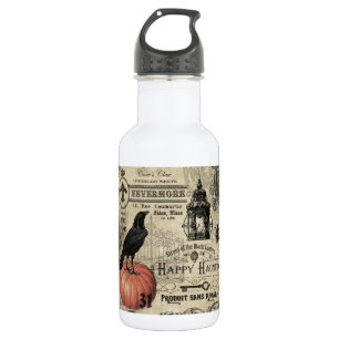moderner Vintage-Halloween-Kürbis und Krähe Edelstahlflasche