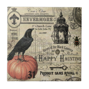 Moderner Vintage-Halloween-Kürbis und Krähe Fliese