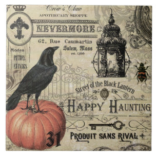 Moderner Vintage-Halloween-Kürbis und Krähe Fliese