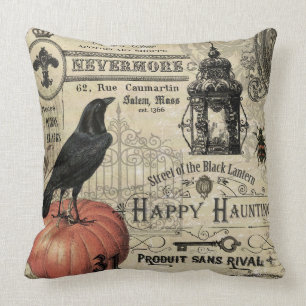 moderner Vintage-Halloween-Kürbis und Krähe Kissen