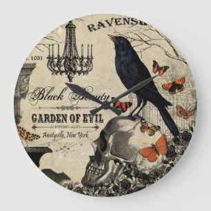 moderner vintage Halloween-Rabe und Totenkopf Große Wanduhr