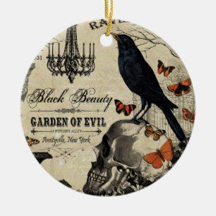 moderner vintage Halloween-Rabe und Totenkopf Keramikornament