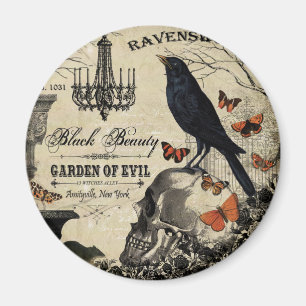 moderner vintage Halloween-Rabe und Totenkopf Magnet