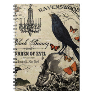 moderner vintage Halloween-Rabe und Totenkopf Notizblock