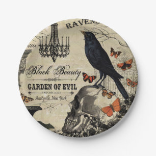 moderner vintage Halloween-Rabe und Totenkopf Pappteller