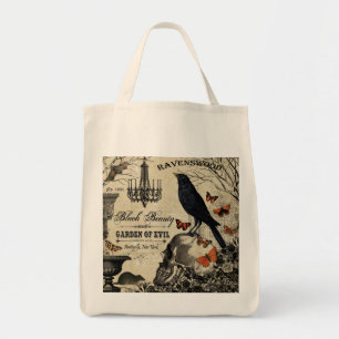 moderner vintage Halloween-Rabe und Totenkopf Tragetasche